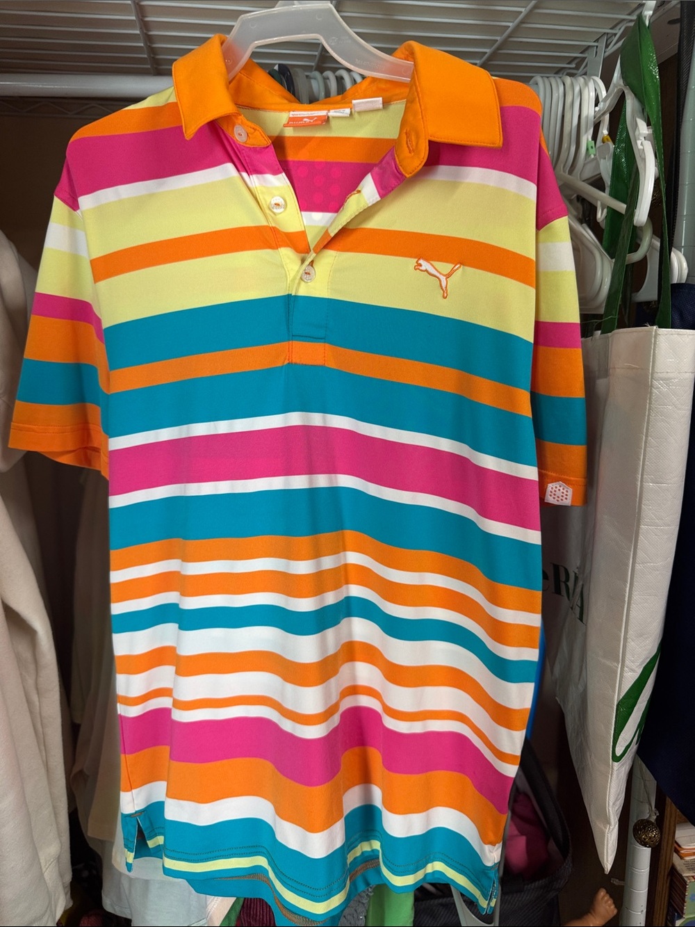 Puma Multicolor Striped Polo in Teal, Pink, Orange & Yellow